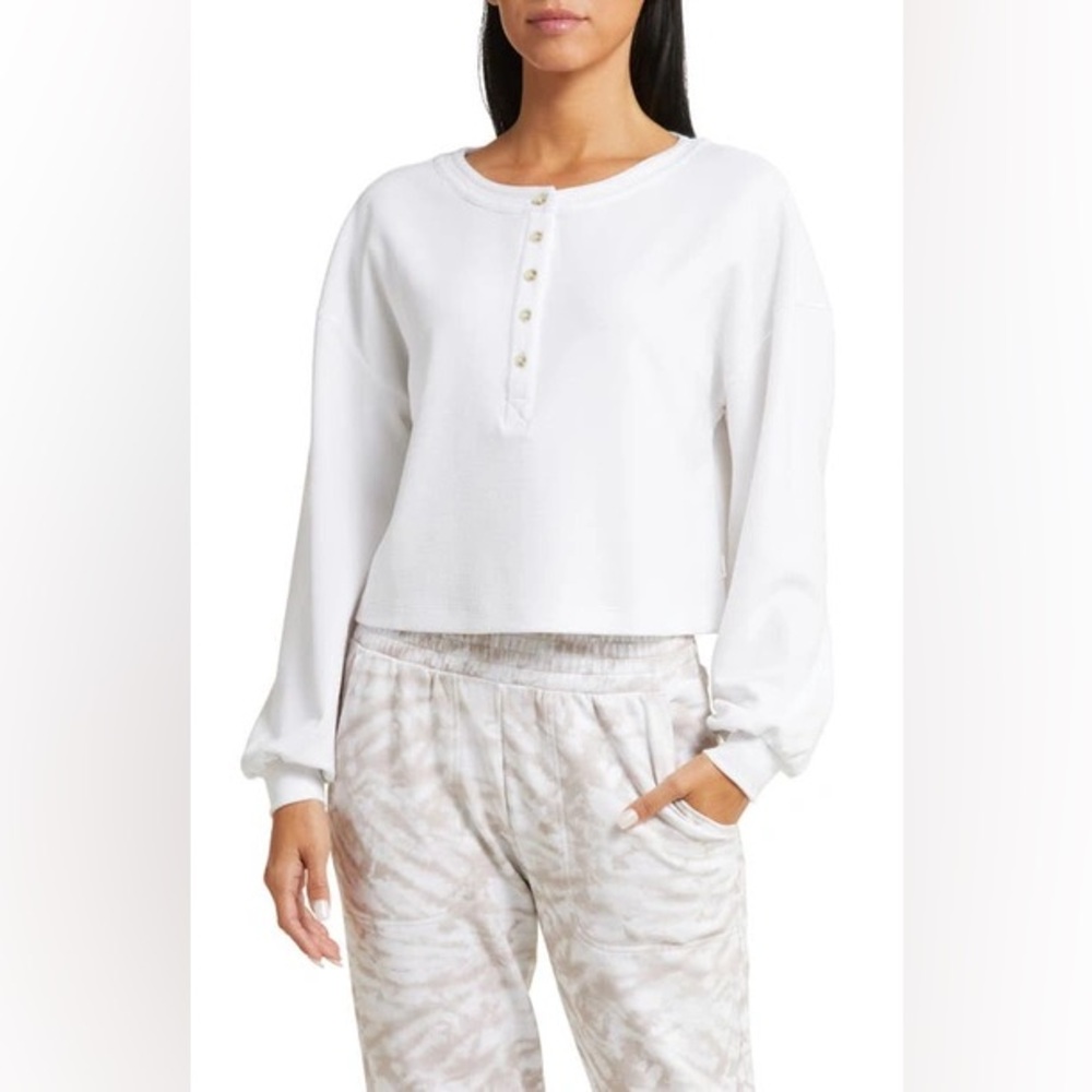 TravisMathew Womens Casual Acquaintance White Henley Waffle Knit Long Sleeve Top